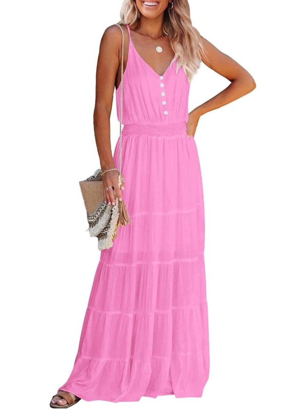 〽️Women's Rose Pink Spaghetti Strap V Neck Flowy Maxi Dress Summer Sun Dress